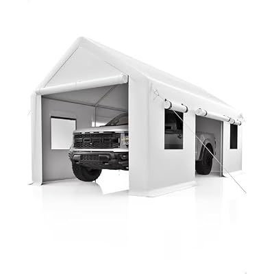 Klysiora 13x20 Ft. Metal Carport Garage with PE Fabric and Galvanized Steel Frame Outdoor Shelter for Cars, Trucks and Boats with 4 Doors and Mesh Windows for Ventilation - White
