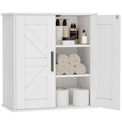 Homleke Bathroom Wall Cabinet, Over Toilet Storage Cabinet with Barn Doors and Adjustable Shelves, 3-Tier Medicine Cabinet Wall Mounted, for Bathroom, Kitchen, Entryway, Laundry Room, White, (11.8' D)