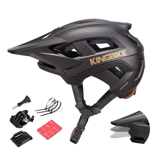 KINGBIKE Mountainbike-Helm für Erwachsene Herren Professioneller MTB-Helm Damen mit Action-Kamera-Halterung & 3-Stufen-Visier, NTA-8776 E-Bike-Zertifiziert (Dunkelgrau Gold, L)