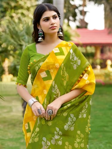 Image of AKHILAM Women's Cotton Printed Saree With Unstitched Blouse Piece