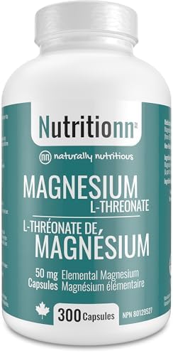 Magnesium L-Threonate Supplement - 300 Capsules x 50 mg Elemental (Usable) Magnesium - Non-Buffered (Not Mixed), High Absorption, No Additives - Made in Canada, Third-Party Tested - Nutritionn
