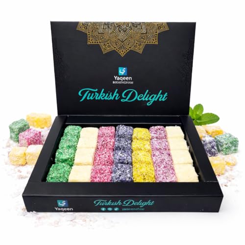 Yaqeen Turkish Delight Mix Box 5 different flavours Deluxe Sweets Oriental Gift Box Vanilla Mint Blackberry Pomegranate Cherry Coconut Gourmet Soft Candy Vegetarian Halal Gluten Free 450g
