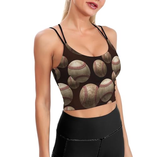 Casual Support Yoga Bra Old Vintage Baseball, Padded Gym Running Workout Tank, Wirefree Sports Top for Women & Girls