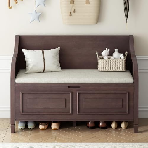 Aisurun 42" Rustic Storage Bench Entryway Bench Shoe Cabinet Ottoman with Safety Hinge, Removable Seat Cushion & Hidden Storage Space for Hallway Entryway Living Room Mudroom End of Bed (Espresso)