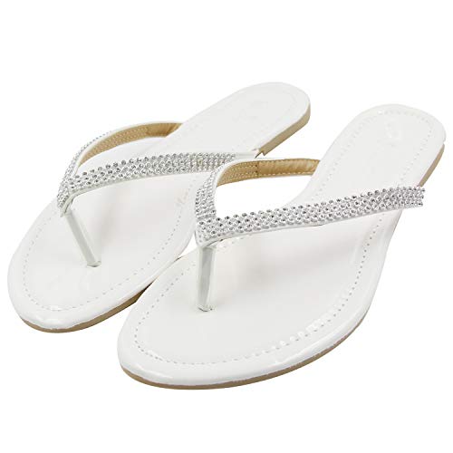 HANERDUN Womens Flip Flops Bling Beach Sandals Wedding Flip Flops Flat Beach Shoe Pool Shoes Non Slip, White, 3.5 UK