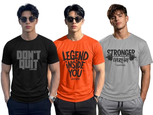 Image of LEOTUDE Mens Polycotton Boxy Regular Fit Printed Half Sleeve Round Neck Combo Dailywear & Gym Tshirts for Man (Colour: Multicolor)