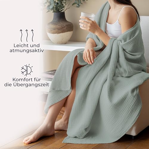 Dreamzie Musselin Tagesdecke 150x200 cm – Baumwolldecke Oeko-Tex Zertifiziert – Atmungsaktive Kuscheldecke – leichte Kuscheldecke Baumwolle als Sofa-, Bett- & Couchüberwurf – Hellgrün