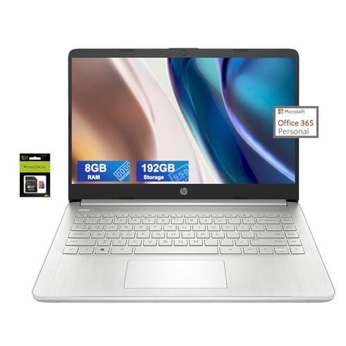 Image of HP 14 Ultralight Laptop for Student and Business, Intel Core N4120 (4-Core), 8GB RAM, 192GB Storage (128GB eMMC+64GB Micro SD), 1 Year Office 365, Win 11 S, HDMI, WiFi, USB-A&C, MASDROW Accessories