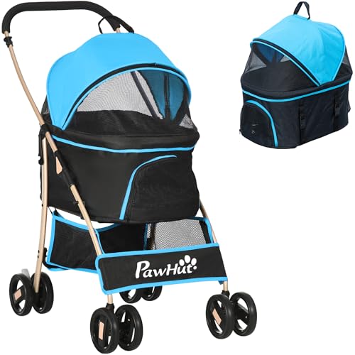 PawHut Passeggino per Cani 3 in 1 Pieghevole Convertibile in Borsa da Trasporto, Seggiolino Auto con 2 Guinzagli, Cuscino, Passeggino per Animali in Acciaio, Tessuto Oxford, 82x49.5x98cm, Azzurro