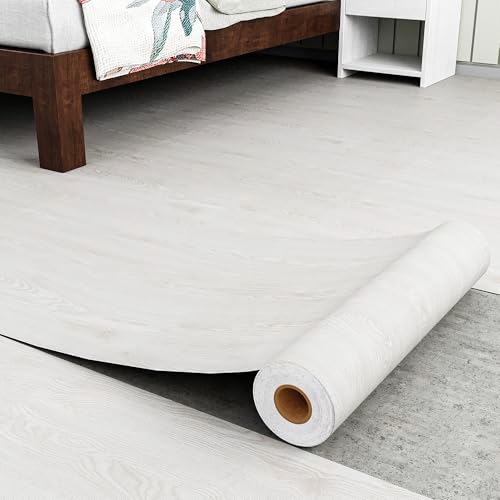 Homease Wood Grain Vinyl Flooring Roll 15.7' x 118' White Peel & Stick Waterproof Floor Tiles, Extra...