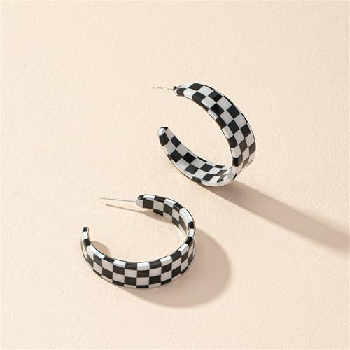 coadipress 3 Pairs Checkerboard Hoop Earrings for Women Minimalist C Shaped Checkered Earrings Chunky Simple Colorful Checker Black White Grid Earrrings Lightweight 70s 80s 90s Party Jewelry4
