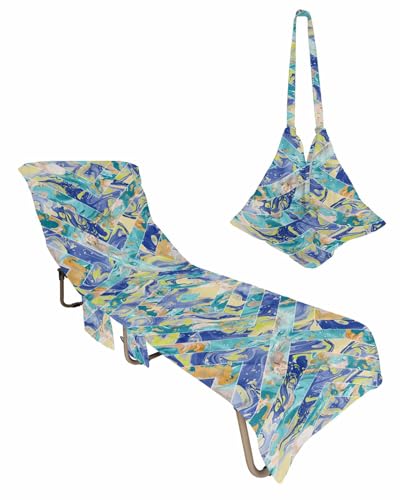 Marble Blue Teal Beach Chair Towel Covers for Chaise Lounge with Side Pocket, Soft Plush Pool Towels Cover for Patio Sunbathing Outdoor 29''x85'' Ombre Pastel Navy Abstract Contemporary
