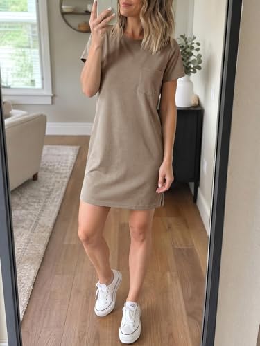 Image of Ladiyo Women T Shirt Dress Summer Fashion Mini Dress Crew Neck Short Sleeve Dress Solid Color Casual Dress with Pocket