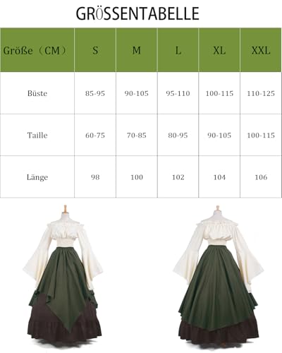 Fiamll Renaissance Kleid Damen Mittelalter Kleidung Damen Kostüme Fasching Kleid Set Grün+ Braun S(Top und Rock)