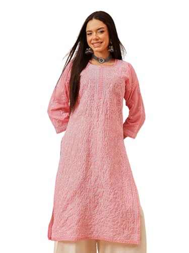 Image of Ada Women's Cotton Straight Fit Straight Hand Embroidered Lucknowi Chikankari Kurta Kurti A411165