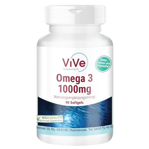 Omega 3 1000mg - 90 Softgels - Omega 3 aus Fischöl - mit EPA, DHA und Vitamin E - Hochdosiert - Qualität aus Deutschland - ViVe Supplements