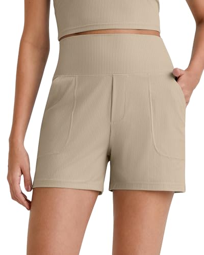 G4Free Women Casual Shorts High Waisted Ribbed with Side Pockets Elastic Waistband for Summer Lounge (Dirty Latte,S)