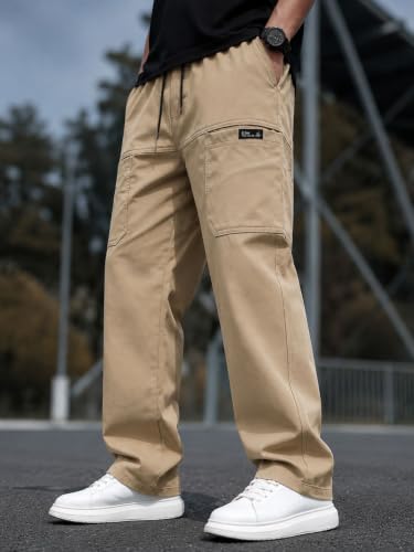 Image of Cargo Cotton Pants for Men's| Relaxed Fit Cargo Trousers| Multi Pocket Casual Streetwear Bottom| Drawstring Elastic Waistband Utility Pants for Men| Comfortable Lower for Men