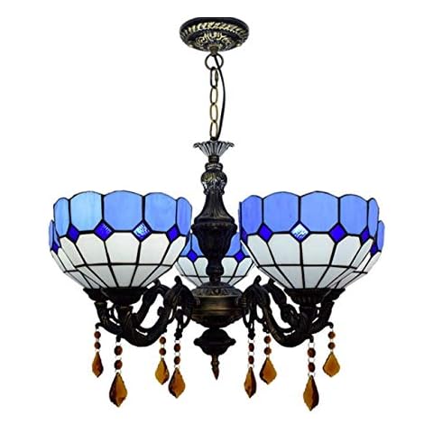 Yjmgrowing Retro Art Tiffany Style Stained Glass 5 Arms Chandelier With 8 Inches Vintage Blue Lampshade Pendant Lamp For Living Room,110-220v(Without Light Bulbs) Cover