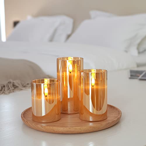 Image of Amagic Gold Glass Flameless Candles Battery Operated with Timer, Remote Control, Flickering LED Fake Pillar Candles for Fall Decoration, Christmas Thanksgiving Decor, Amber, Set of 3