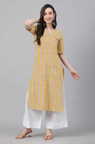 Image of Janasya Women's Mustard Pure Cotton Striped Printed Straight Kurta