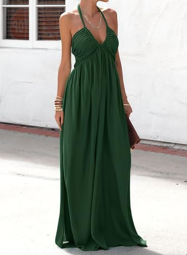Maxi Dresses for Women Sexy Halter V Neck Backless Smocked High Waisted A Line Beach Vacation Sundress - Image 4