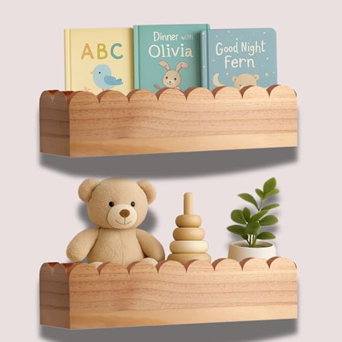 Image of Green Goods Supply Scalloped Shelves - Set of 2 Pre-Assembled 15.6inch Floating Nursery Book Shelves, Scalloped Book Shelf - Kids Wall Bookshelf, Nursery Decor, Floating Shelves for Wall
