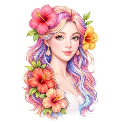 Image of Rangoli Girl Face Floral Wall Sticker 16 x 24 Inch Colorful Hair & Flower Design Self Adhesive Wall Decor for Living Room Bedroom Salon Beauty Parlour Wall Art