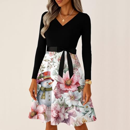 Vestido Navidad mujer manga larga escote en V y falda ajustada línea A elegante 4