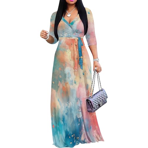 Image of PinkPatty Women's Print Maxi Dresses 3 /4 Sleeve Flowy Long Dress V Neck Wrap Tie Waist Sundress