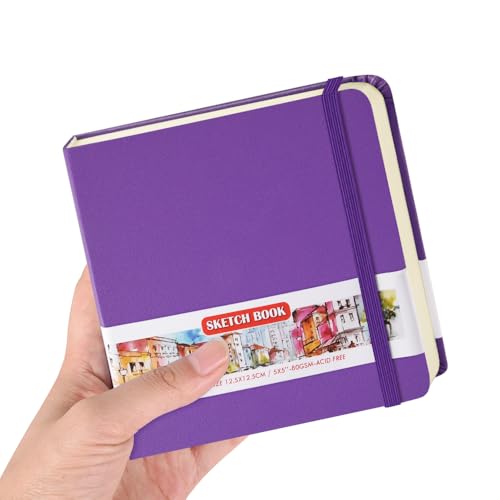 Image of 5x5 Pocket Sketch Book,80gsm Hardcover Art Sketchbook for Drawing Journal | PU Cover,Blank Paper,96Sheets /192Pages,Lay-Flat,Portable Travel Creation Paint Diary Memo Planner,Dry Media.Purple