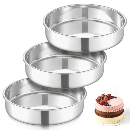 Image of E-far 9 Inch Cake Pan Set of 3, Stainless Steel Round Cake Baking Pans, Non-Toxic & Healthy, Mirror Finish & Dishwasher Safe
