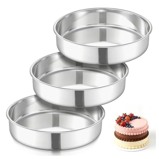E-far 9½ Inch Cake Pan Set of 3, Stainless Steel Round Cake Baking Pans, Non-Toxic & Healthy, Mirror Finish & Dishwasher Safe
