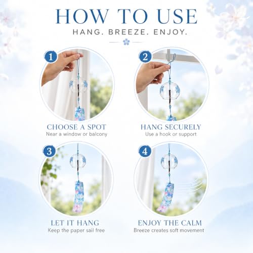 Image of Artibetter Japanese Glass Wind Chime Hanging Bell with Cherry Blossom Design | Handmade Furin Wind Bell for Home, Balcony, Garden, Patio, Window & Gift Decor (Blue)