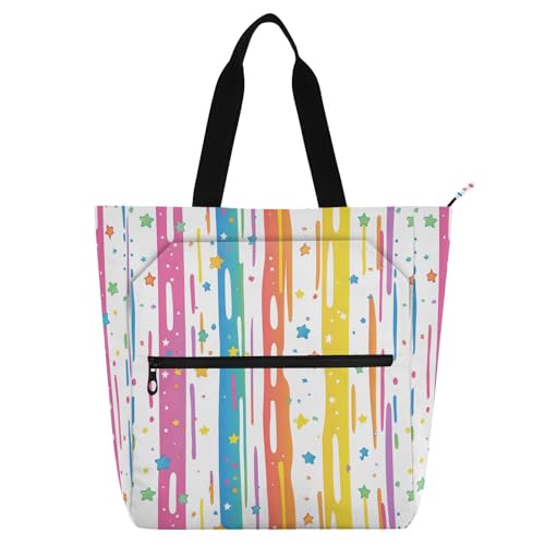 Rainbow Color Stripes Stars Tote Bag for Book Lovers Reusable Bags with Zipper Pocket for School Work Shopping