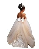 YING XUE Girl's Floral Lace Dress for Kids Crew Neck Wedding Bridesmaids Princess Sweep Train Cute Graduation Girls Bohemian Mermaid Beach Gown Pageant Party Communion Embroidery, Size 5, Ivory