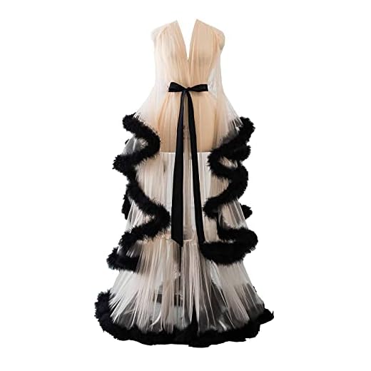 Sexy Feather Robe Long Fur Tulle Maternity Photoshoot Bridal Robe Lingerie Nightgown Bathrobe Sleepwear Wedding Scarf Champagne+Black L/XL