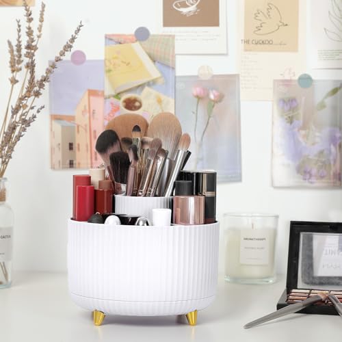 Image of SKYDUE 360 Degree Rotating Desk Organizer, Dual-Purpose Pencil Pen Holder for Desk, Rotating Desk Pen Organizer with 5 Slots, Pencil Cup for Office, School, Home (White)