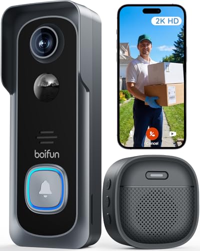 BOIFUN 2K Video Doorbell Camera Wireless No Monthly Fee Motion Detection Two-way Talk Clear Night Vision Rechargeable Battery Works with Alexa SD Card & Cloud Storage 2.4GHz