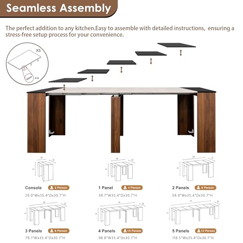 Image of Extendable Dining Table, Transformer Console to Dining Table for 12 People, Folding Space Saving Dining Room Table for Small Spaces, Walnut & Black