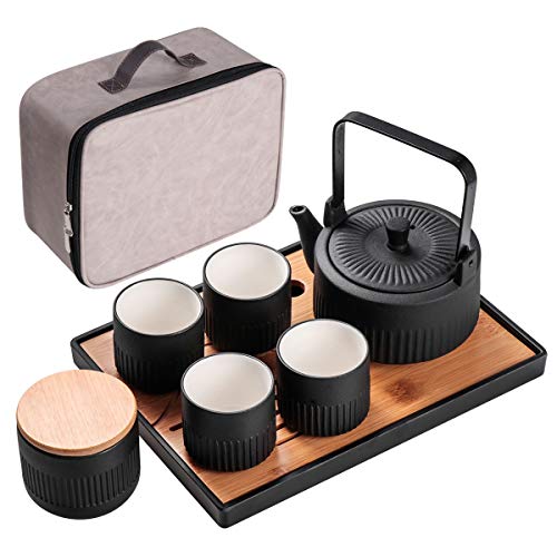 Bgbg Porcelain Teapot Set-Ceramic Tea Set With 1 Teapot4 Teacups1 Loose Leaf Tea Canister and 1 Tea Tray ，Portable Travel All in One Gift Bag for Outdoor Picnic Business Hotel，Black