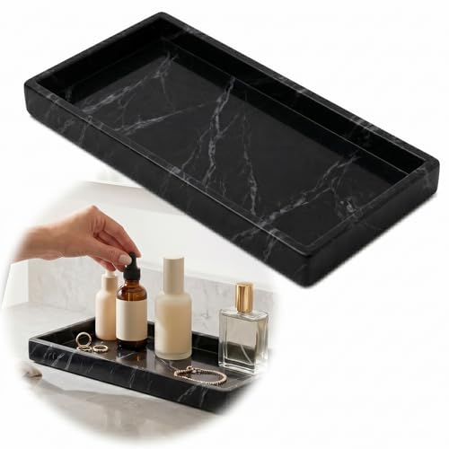 Image of Black Marble-Effect Silicone Vanity Organiser Tray, 30 x 12.5 x 2 cm