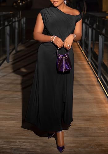 Ecirod Women Elegant Sleeveless One Shoulder Bodycon Maxi Dress High Split Ruched Waist Elegant Flowy Dresses Cocktail Party2