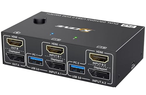 KCEVE KVM Switch 2 Monitors 2 Computers HDMI Displayport, USB 3.0 KVM Switch Displayport HDMI for 2 Computers Share 4 USB3.0 Devices, 4K@60Hz, with Wired Remote(4K HD DP 2 in 2 Out KVM) by KCEVE - Used condition - US$30.28