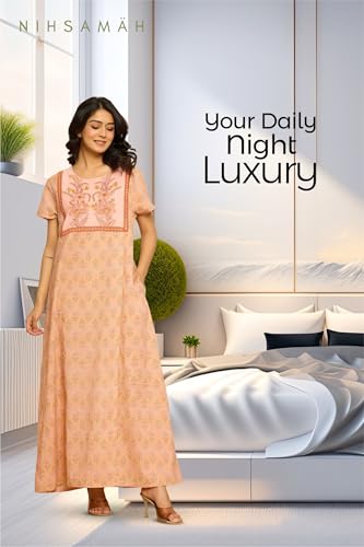 Image of NIHSAMAH Cotton Nighty for Women - Printed Stylish Night Gown, Comfortable Sleepwear Long Nightwear, Maxi