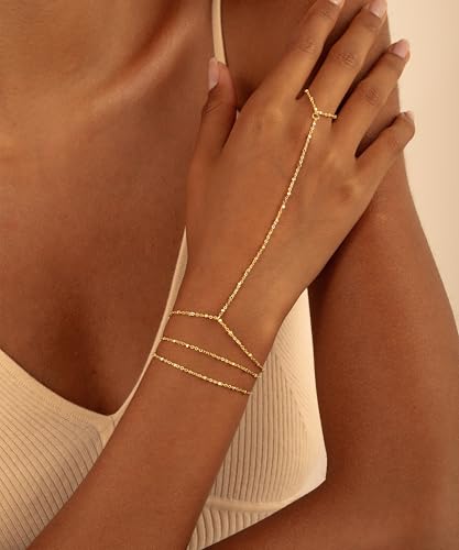 CHESKY Hand Chain Bracelets for Women Set - Dainty 14K Gold Plated Finger Ring Bracelet Stack Adjustable Hand Chains Durable Gold Beaded Bracelets Trendy Simple Body Jewelry Gift for Women2