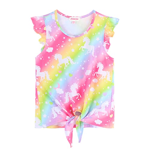 Image of JESKIDS Girls Short Sleeve Shirts Ruffle Tie Front Unicorn /Tie Dye Print Summer Tee Tank Tops 3-11 Years