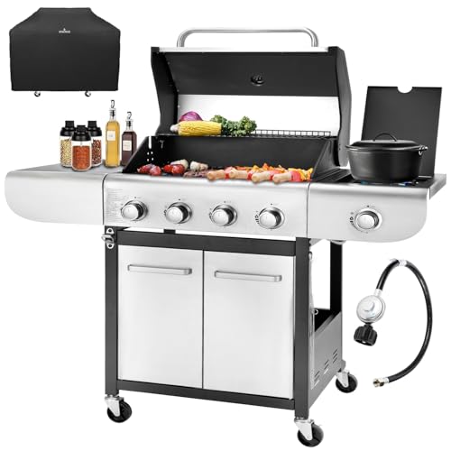 4-Burner Propane Gas BBQ Grill with Side Burner, 53,000 BTU Outpu...