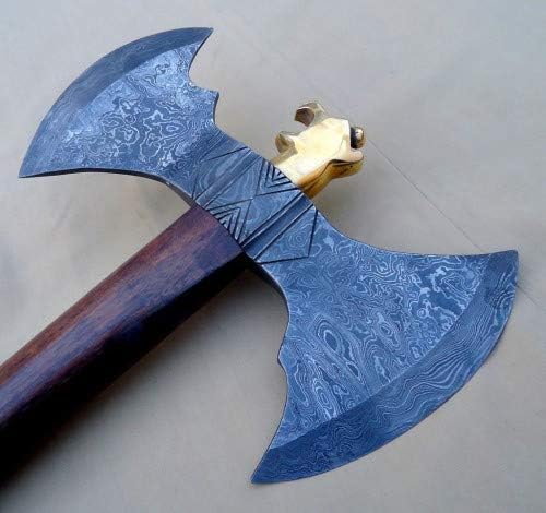 Axe Damascus Steel 26" Natural Wood Handle Double Headed Axe/Hand Forged Woodsman Axe