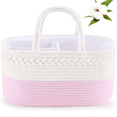 Image of ABenkle Baby Diaper Caddy, Nursery Storage Bin and Car Organizer for Diapers and Baby Wipes, Cotton Rope Diaper Basket Caddy, Changing Table Diaper Storage Caddy Baby Gift Baskets, Pink